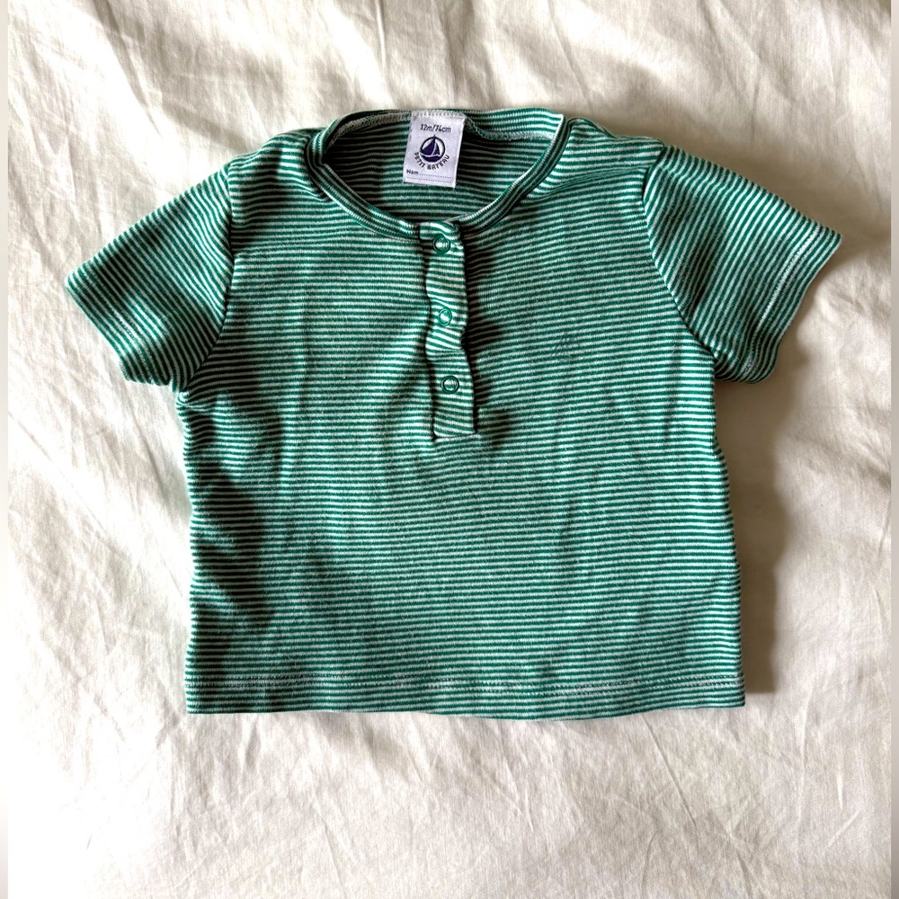 Petit Bateau baby green and white striped tshirt